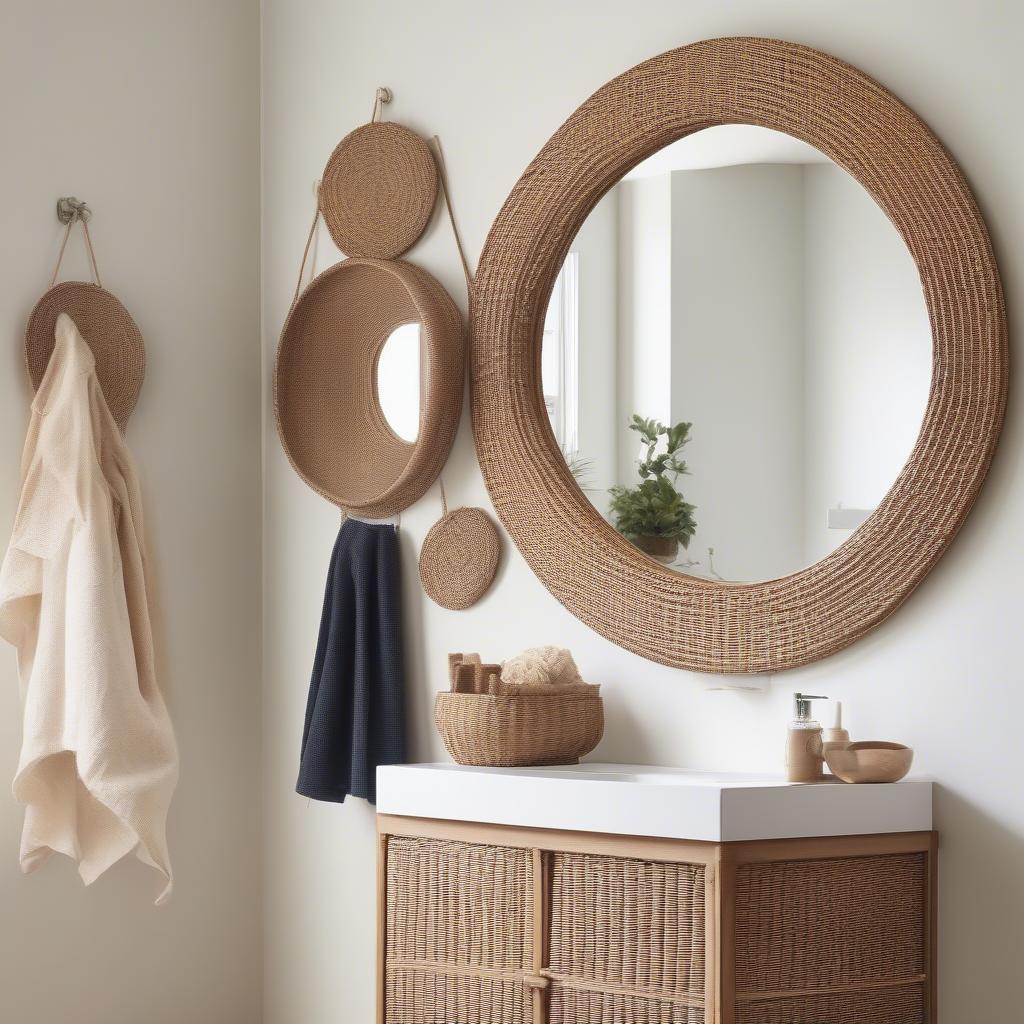 Wicker wall decor in a bathroom setting