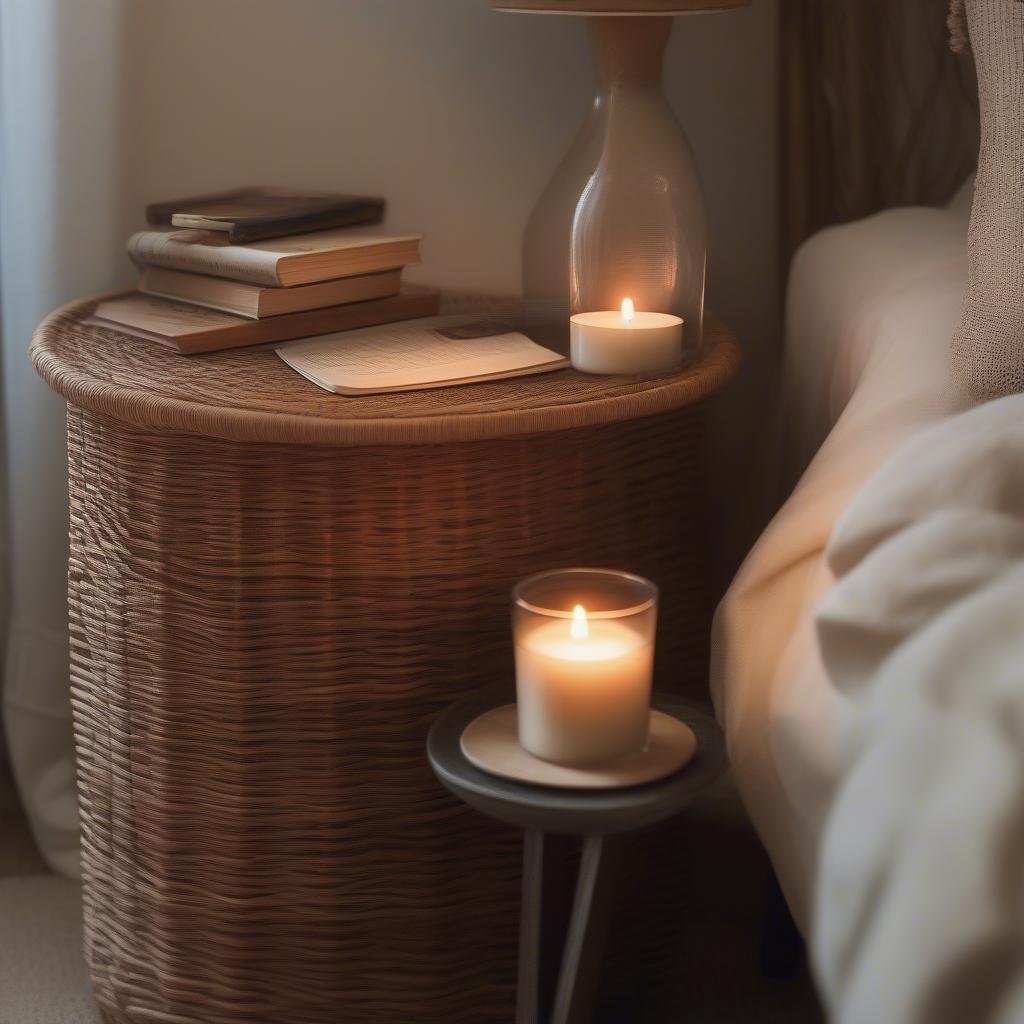 Wicker bedside table with a candle and book for a peaceful good night.