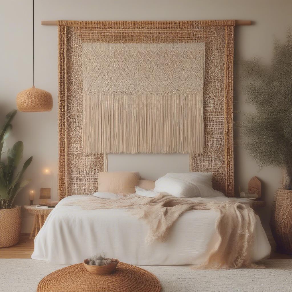 A large wicker wall frame hanging above a bed in a bedroom, adding a touch of bohemian style.