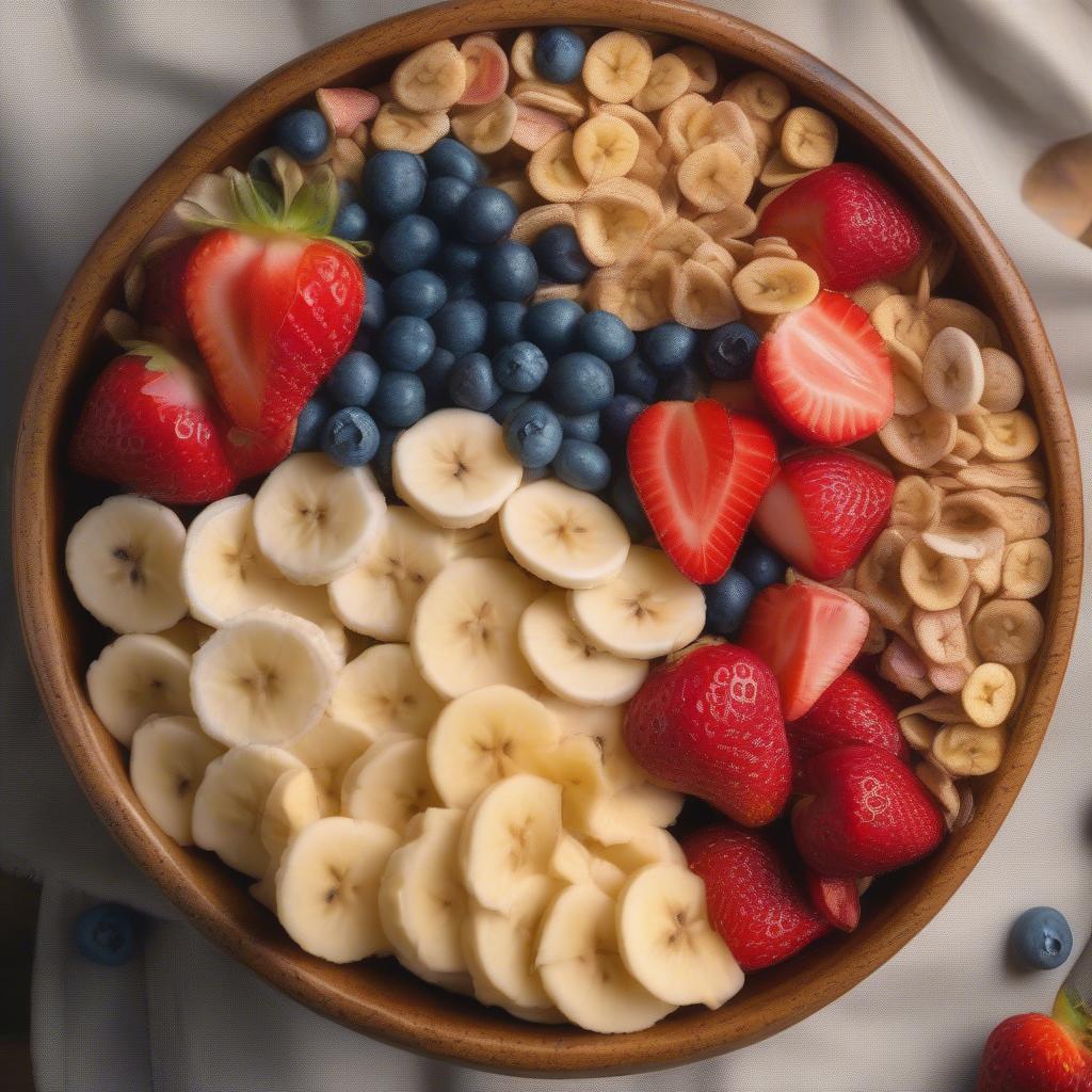 Wicker Bowl with Colorful Cereal and Fresh Fruit