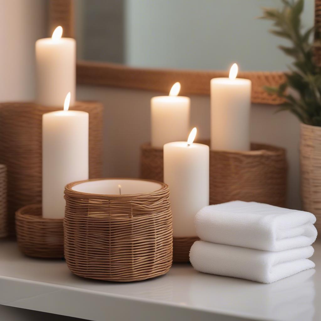 Wicker candle holders add a natural touch to a bathroom setting, creating a warm and inviting atmosphere.