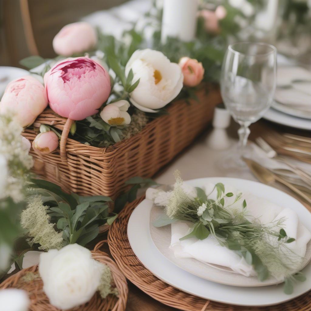 Wicker centerpiece at a Peony brunch table.