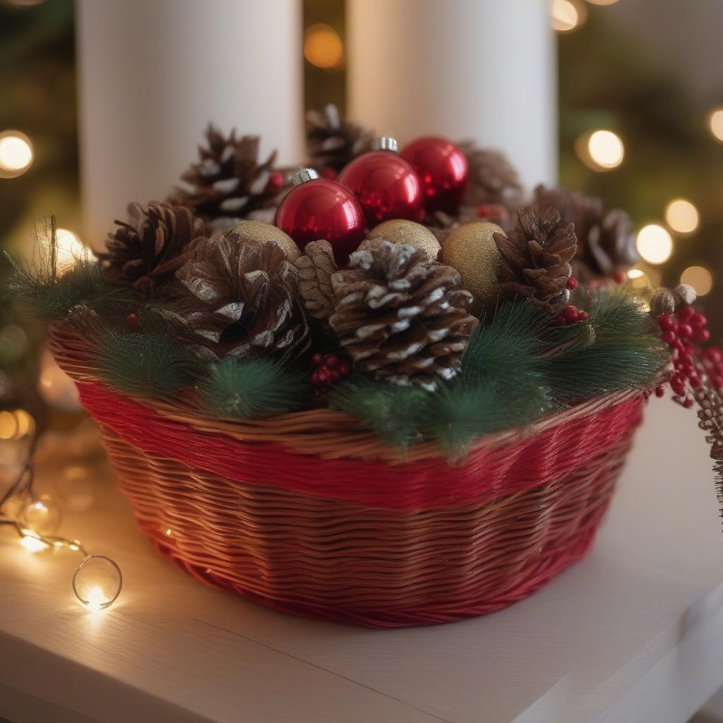 Wicker Christmas Basket Filled with Festive Decor