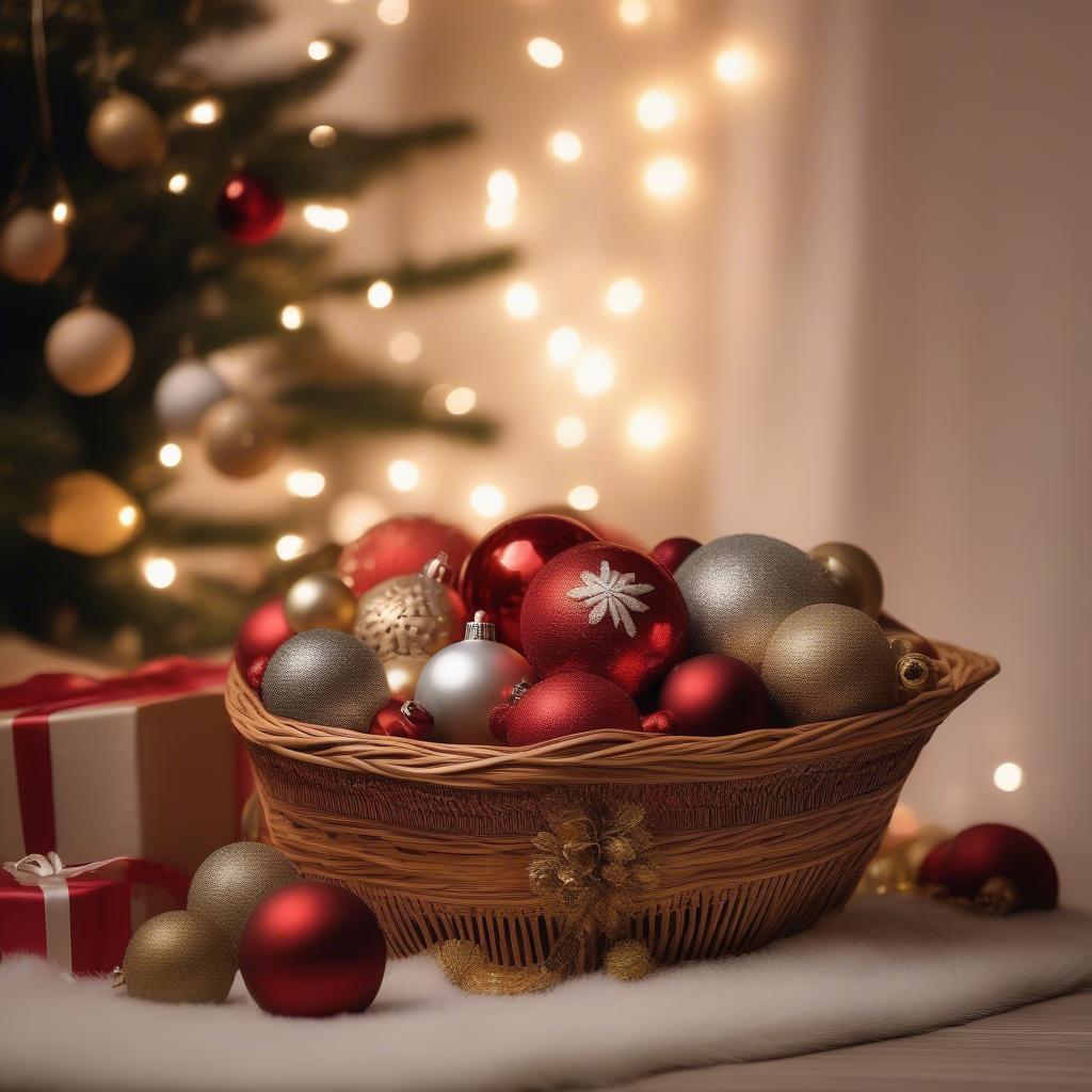 A wicker Christmas basket filled with ornaments and surrounded by Christmas lights with Christmas songs playing softly in the background.