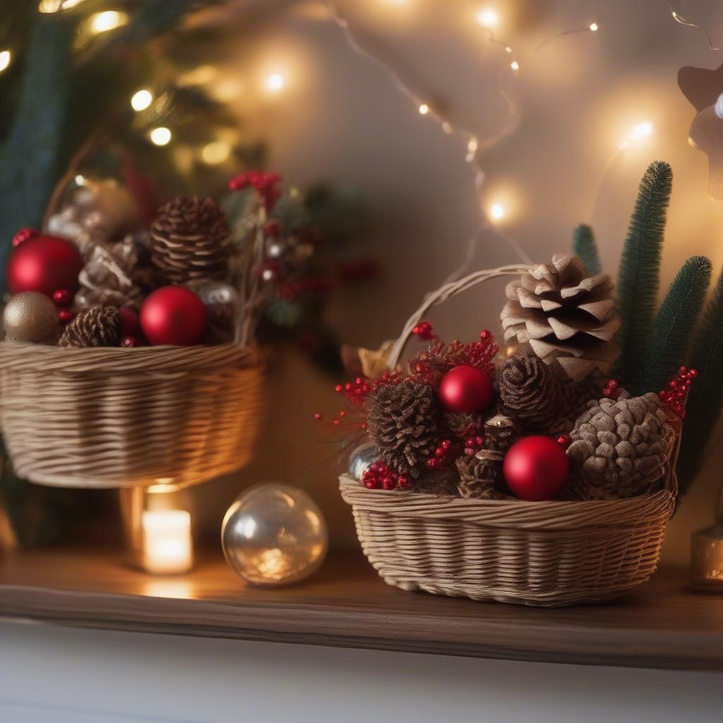 Wicker Christmas Baskets filled with Festive Decorations