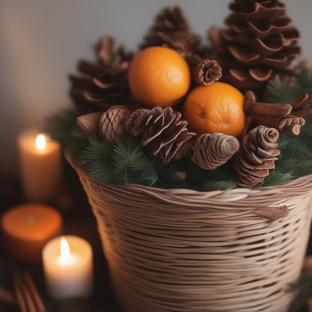 Wicker Christmas Bucket with Pine Cones