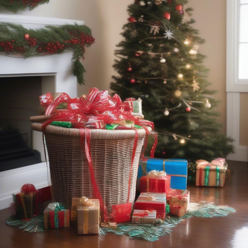 Wicker Christmas bucket overflowing with wrapped presents