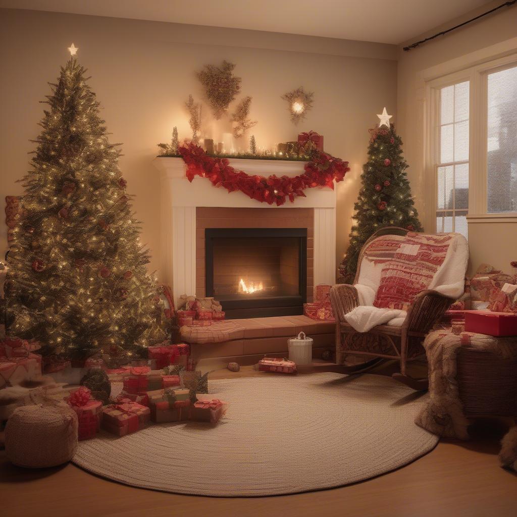 Wicker Christmas Decor in a Festive Living Room