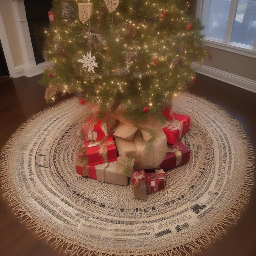 Wicker Christmas tree skirt with "Merry Christmas Filthy Animal" message.