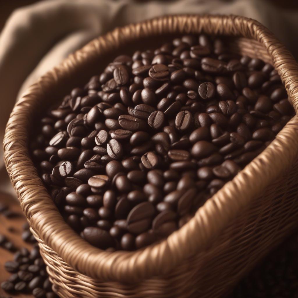 Wicker basket filled with roasted coffee beans