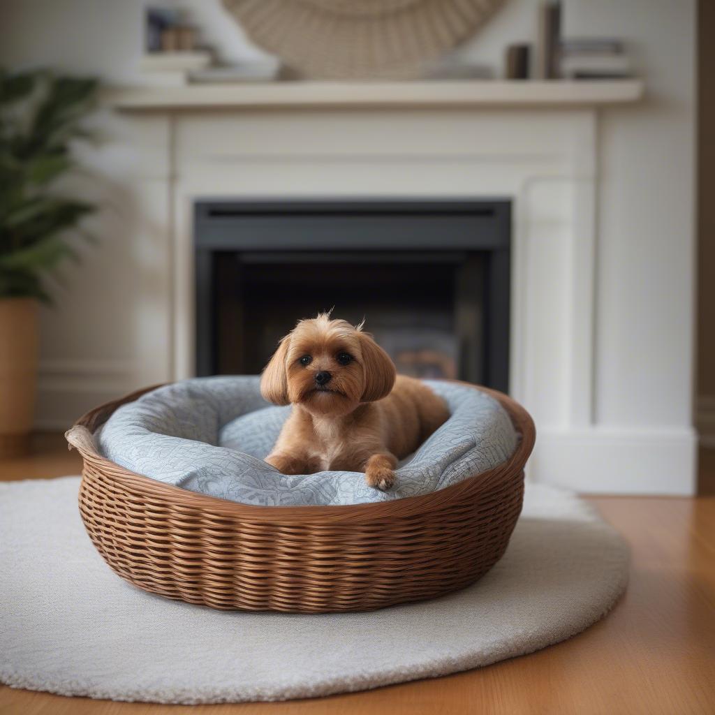 Cozy wicker dog bed in a stylish living room