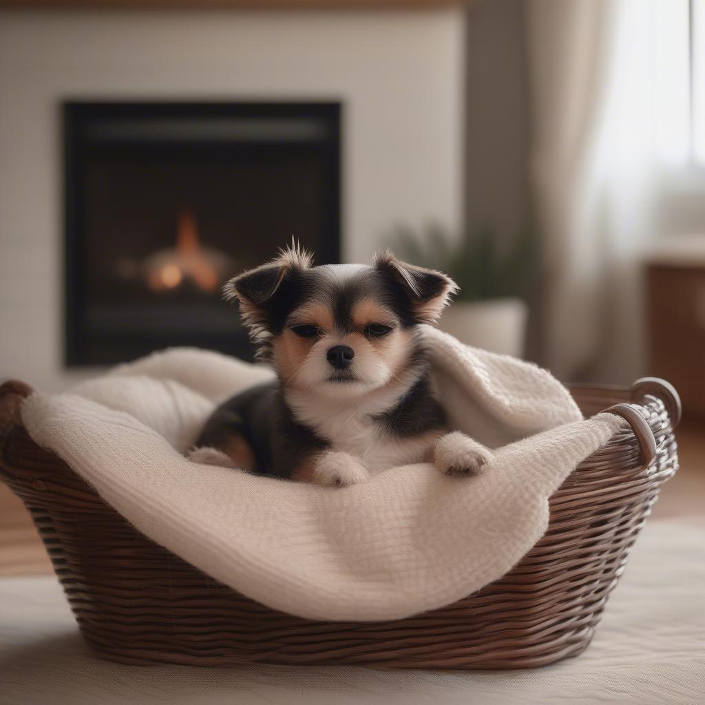 Cozy Pup in a Wicker Dog Bed