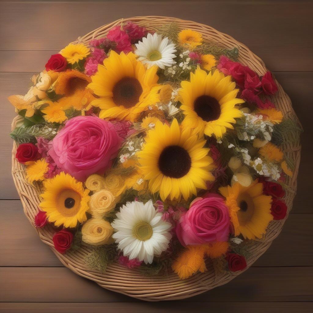 Wicker flower plate adorned with a vibrant array of colorful blossoms.