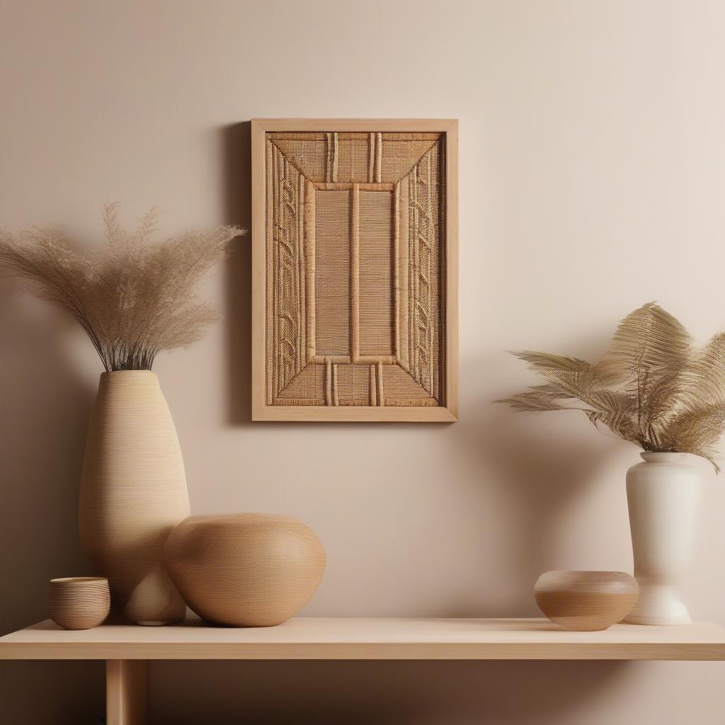 Wicker framed wall art adds a touch of natural elegance to a dining room setting.