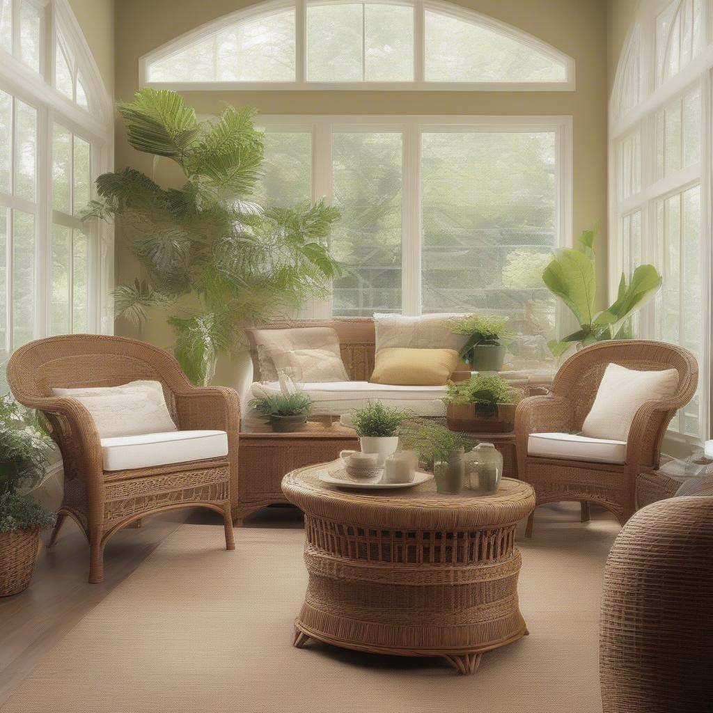 Wicker furniture arranged in a bright sunroom, showcasing their beauty and functionality.