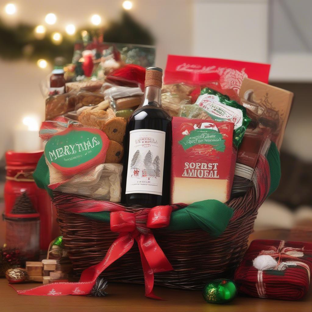 Wicker gift basket filled with "Merry Christmas Ya Filthy Animal" themed items