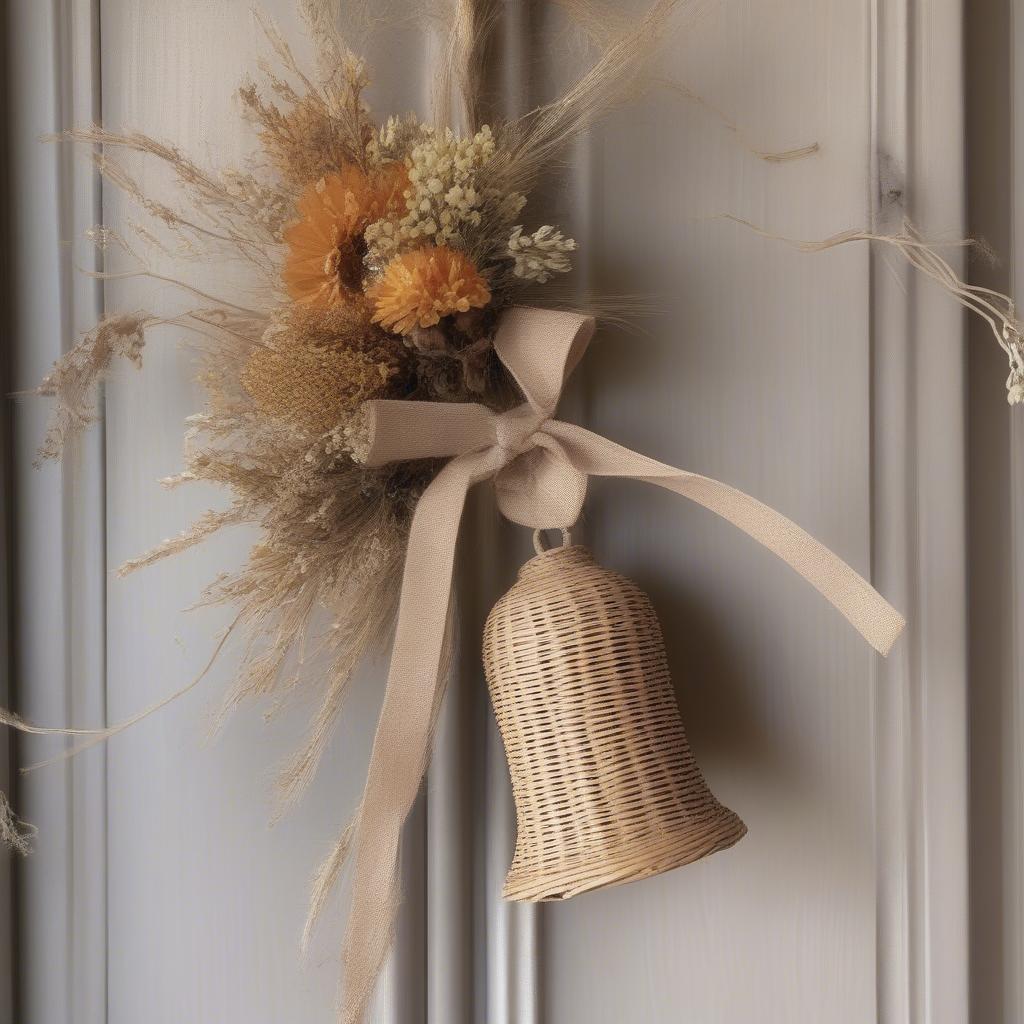 Wicker hanger bell with dried flowers and jute bow, hanging on a wooden door in a rustic farmhouse setting.