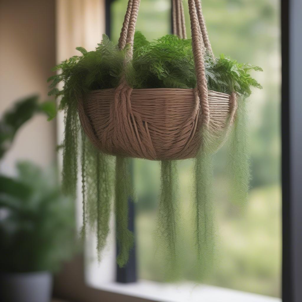 Wicker Hanging Basket with Macrame Rope