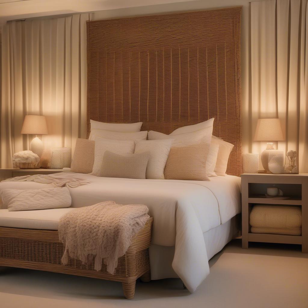 Wicker headboard in a romantic bedroom setting