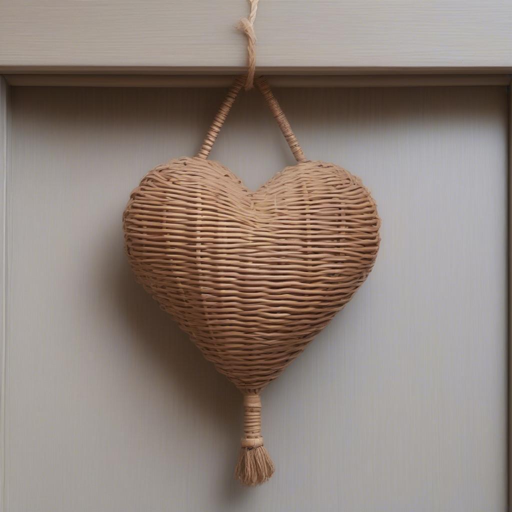 Wicker heart hanger hanging on a wooden door