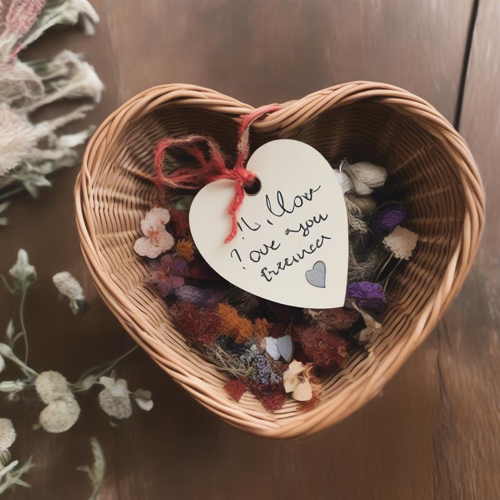 Wicker Heart Shaped Basket with a Love Quote