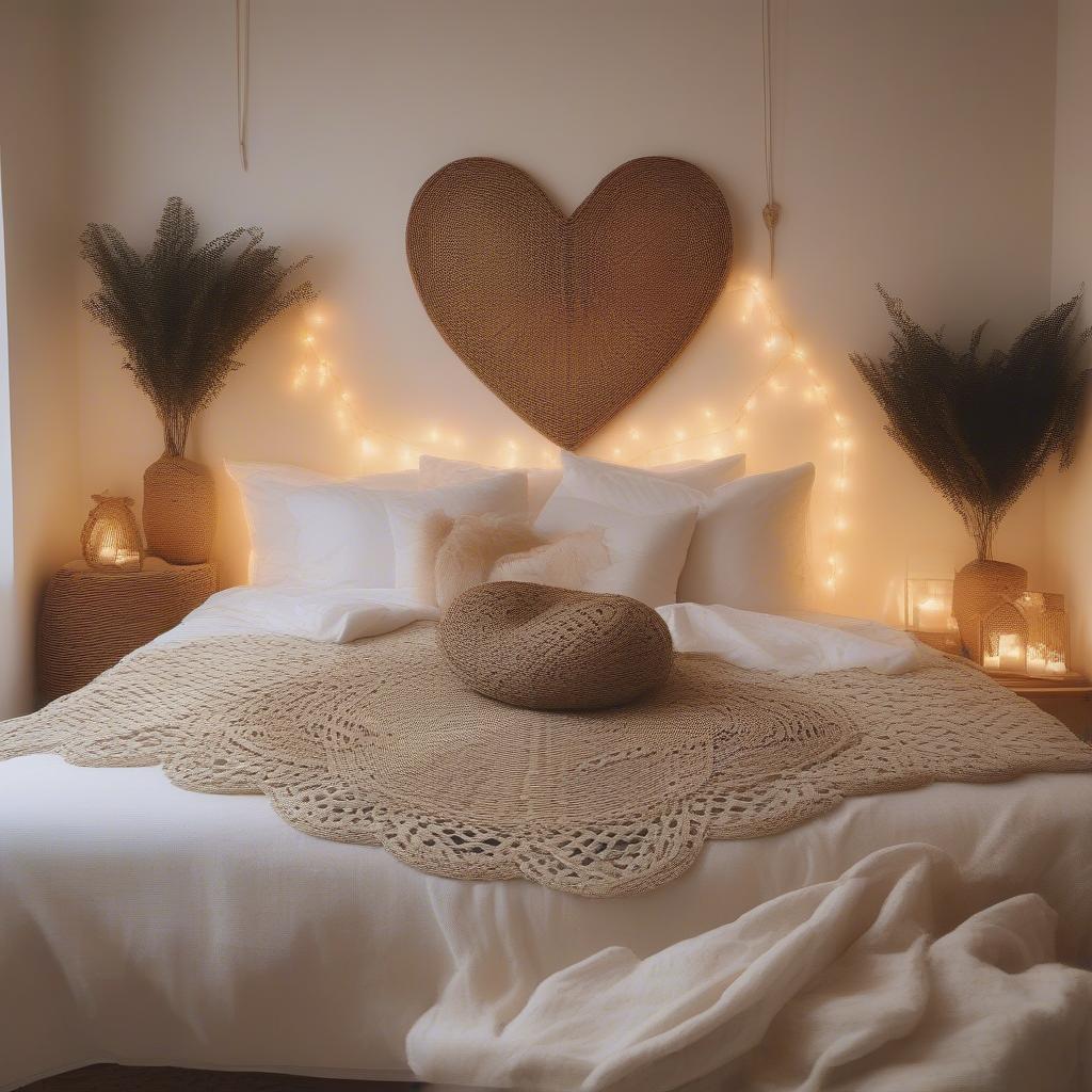 Wicker heart wall art hanging above a bed in a cozy bedroom, adding a touch of romance and bohemian style.