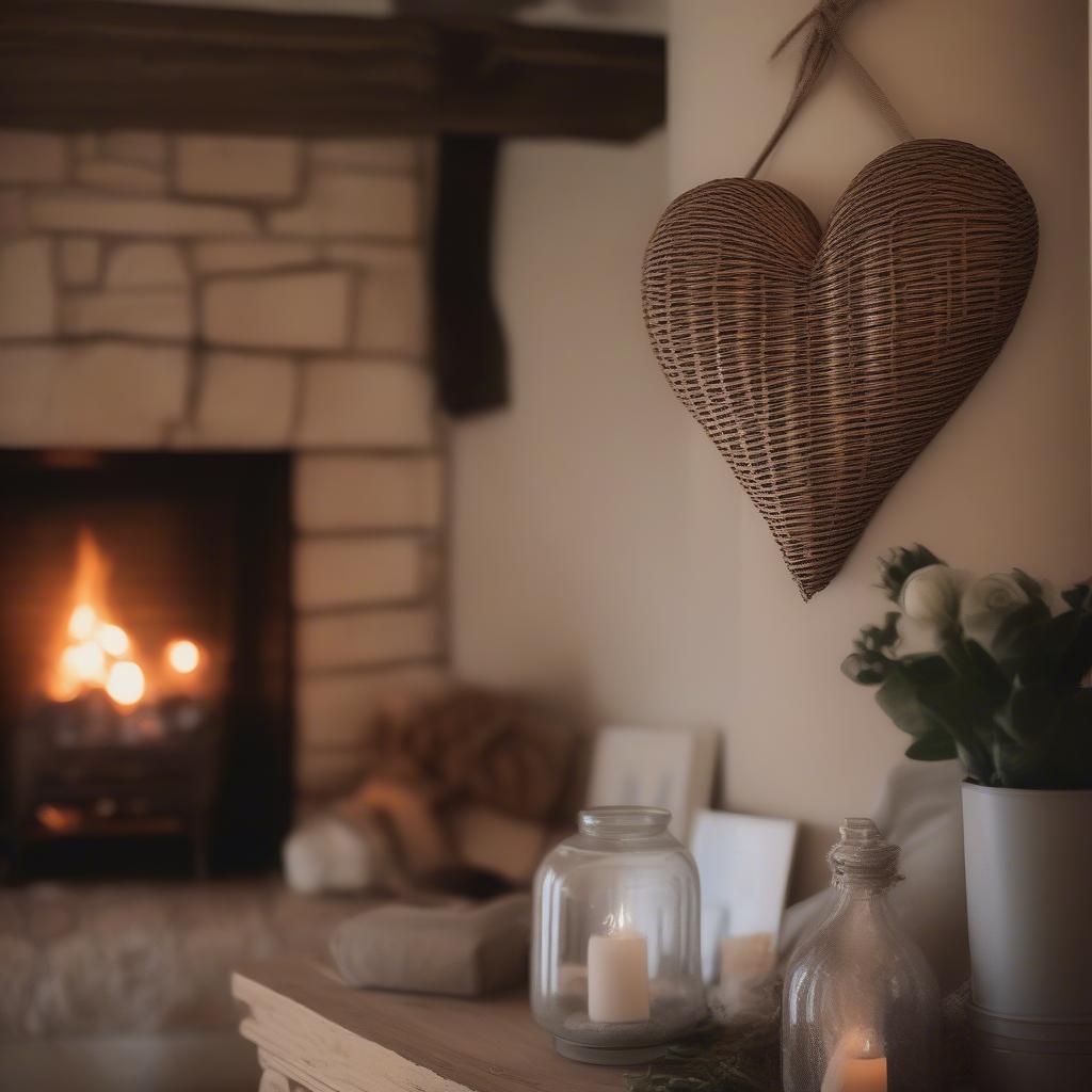 Wicker heart wall art hanging above a fireplace in a cozy living room