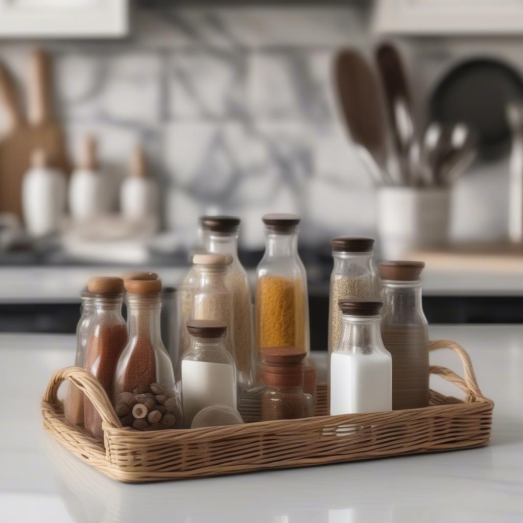 Wicker kitchen tray organizing spices, oils, and utensils on a countertop.