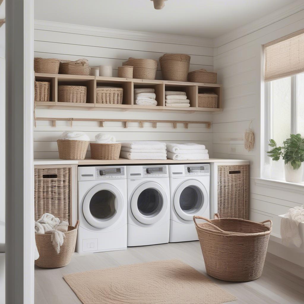 Wicker laundry baskets neatly organized in a modern, stylish laundry room with white walls and wooden accents.