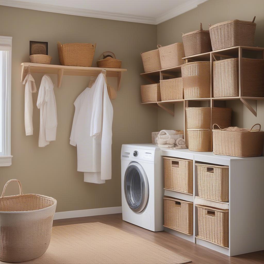 Wicker laundry hampers neatly arranged against a laundry room wall