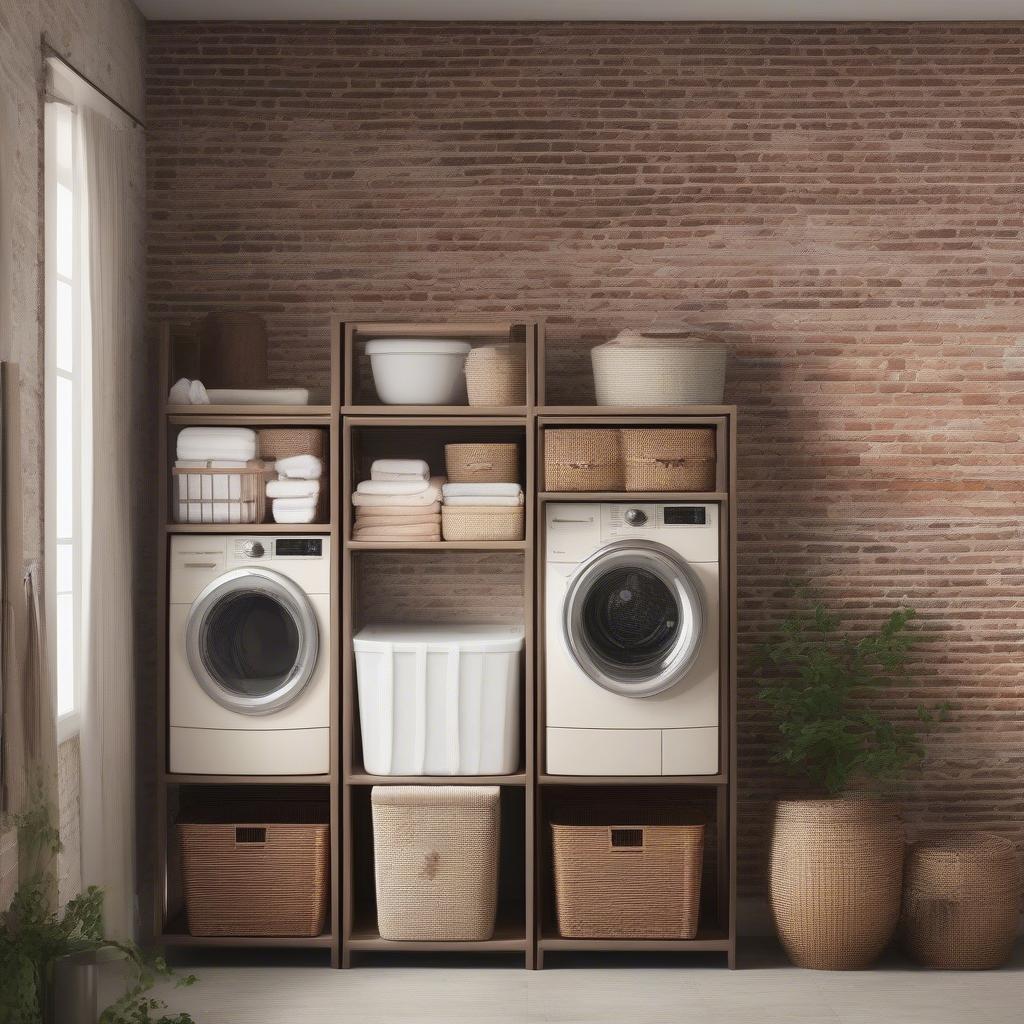 Wicker laundry hampers neatly arranged in a rustic-themed laundry room