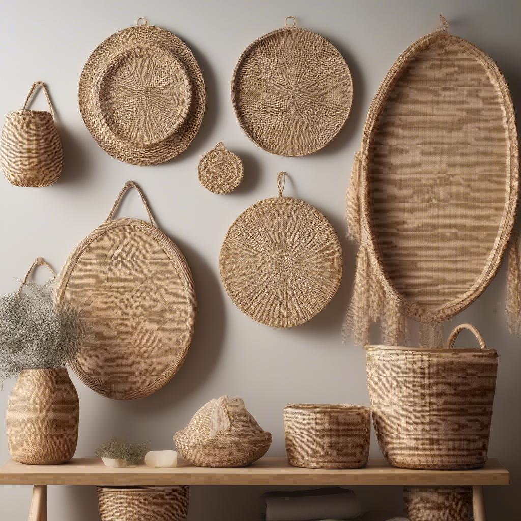 Wicker wall hangings add a touch of rustic charm to a laundry room.