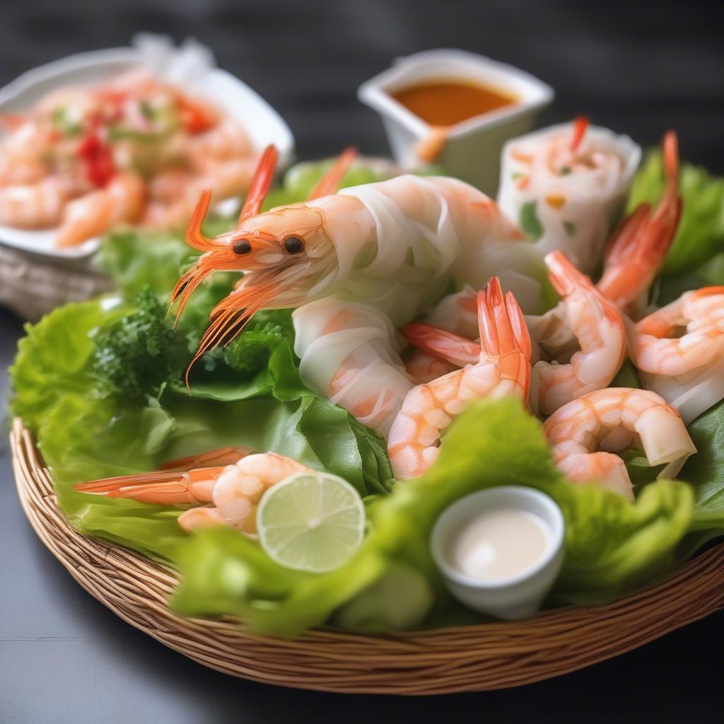 Wicker lettuce plate serving appetizers like spring rolls and shrimp.