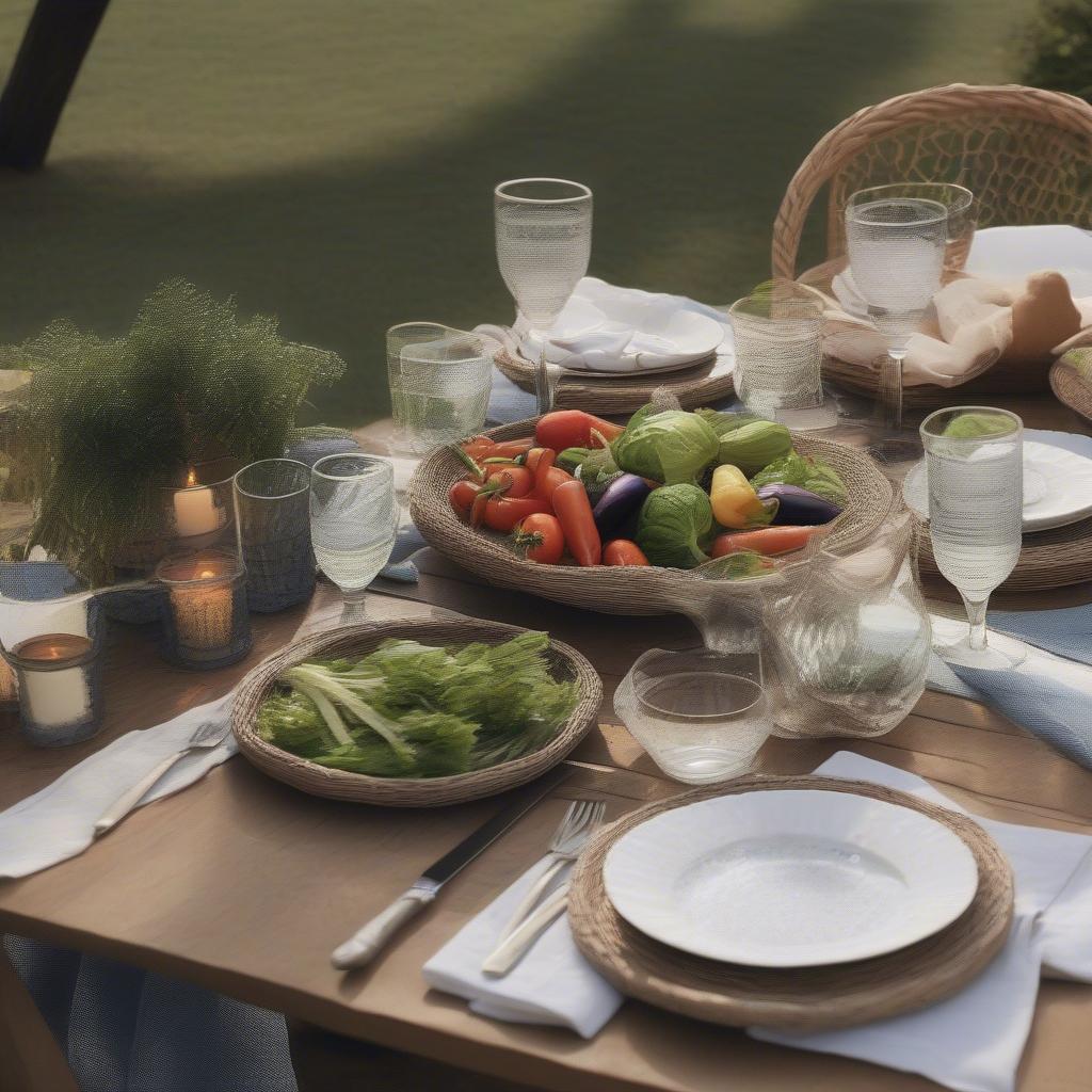 Wicker lettuce plate used for outdoor dining.