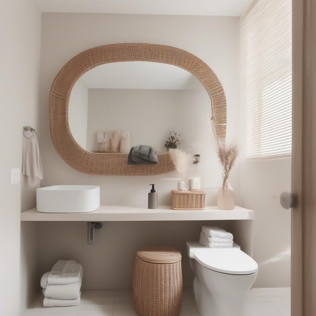 Wicker mirror frame adds a spa-like touch to a bathroom.