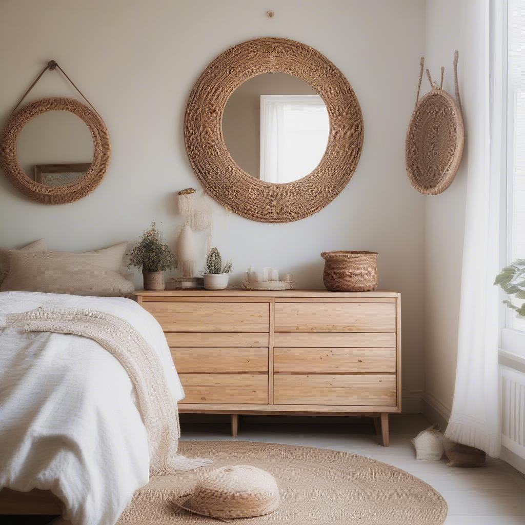 A wicker mirror enhances the bohemian vibe in a bedroom.