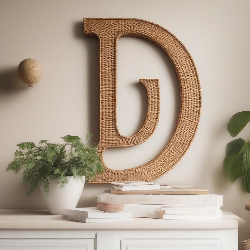 A wicker monogram hanging on a bedroom wall above a bedside table