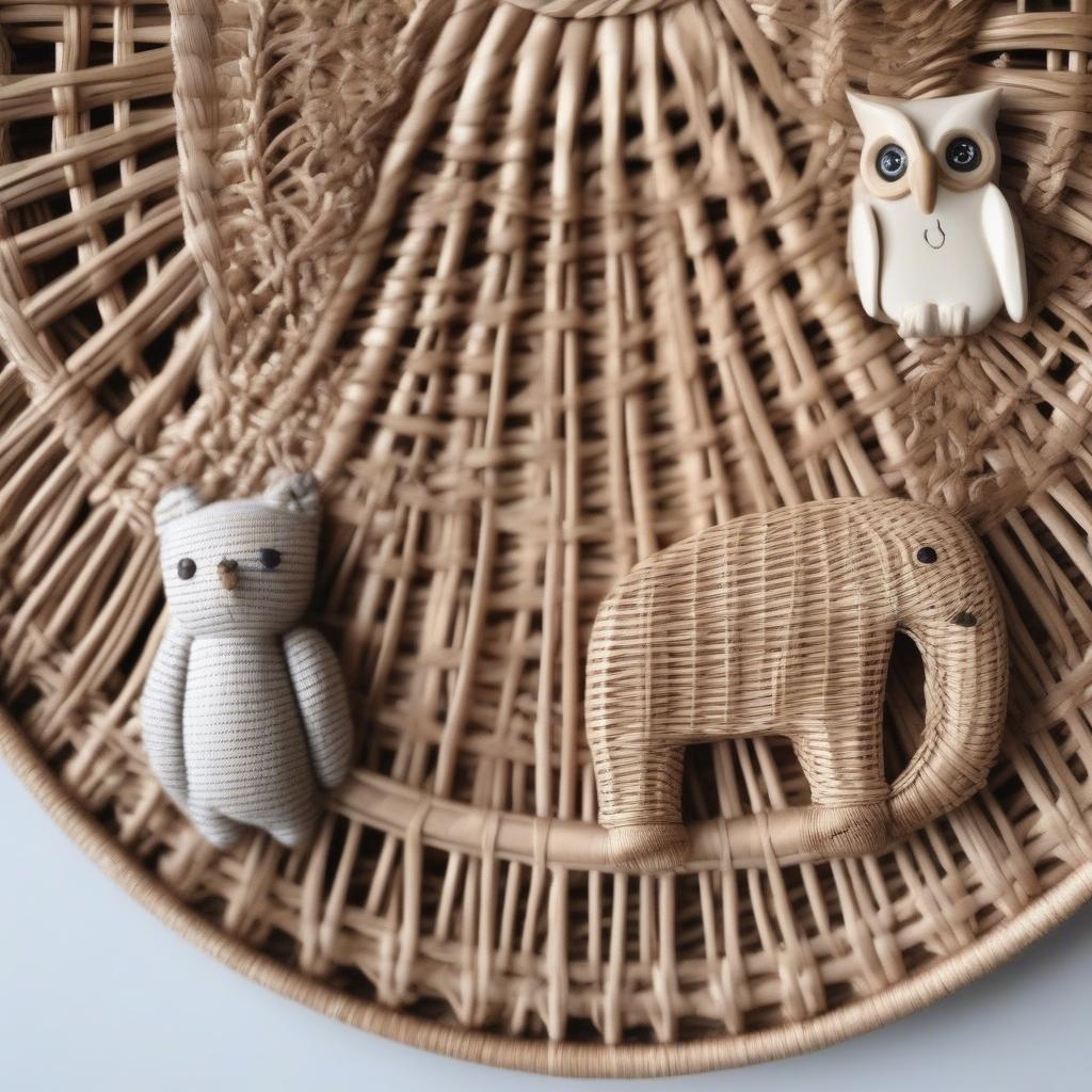 Wicker nursery wall hanging with animal motifs