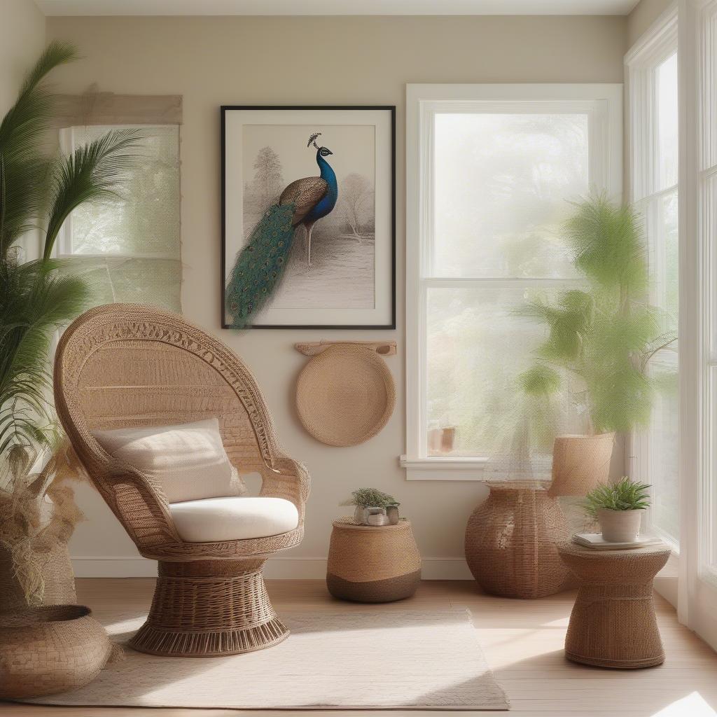 Wicker Peacock Chair with Large Framed Landscape