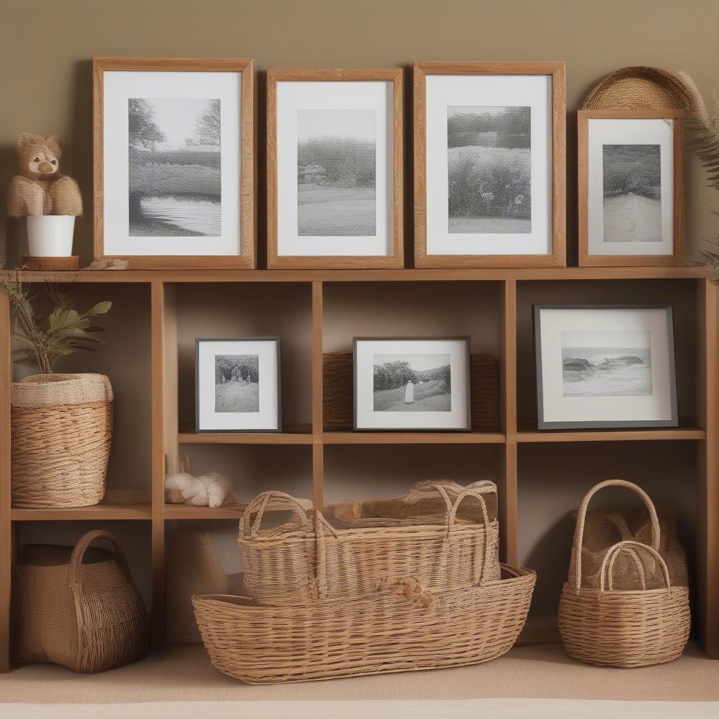 Wicker photo frame display with various sized prints and woven baskets