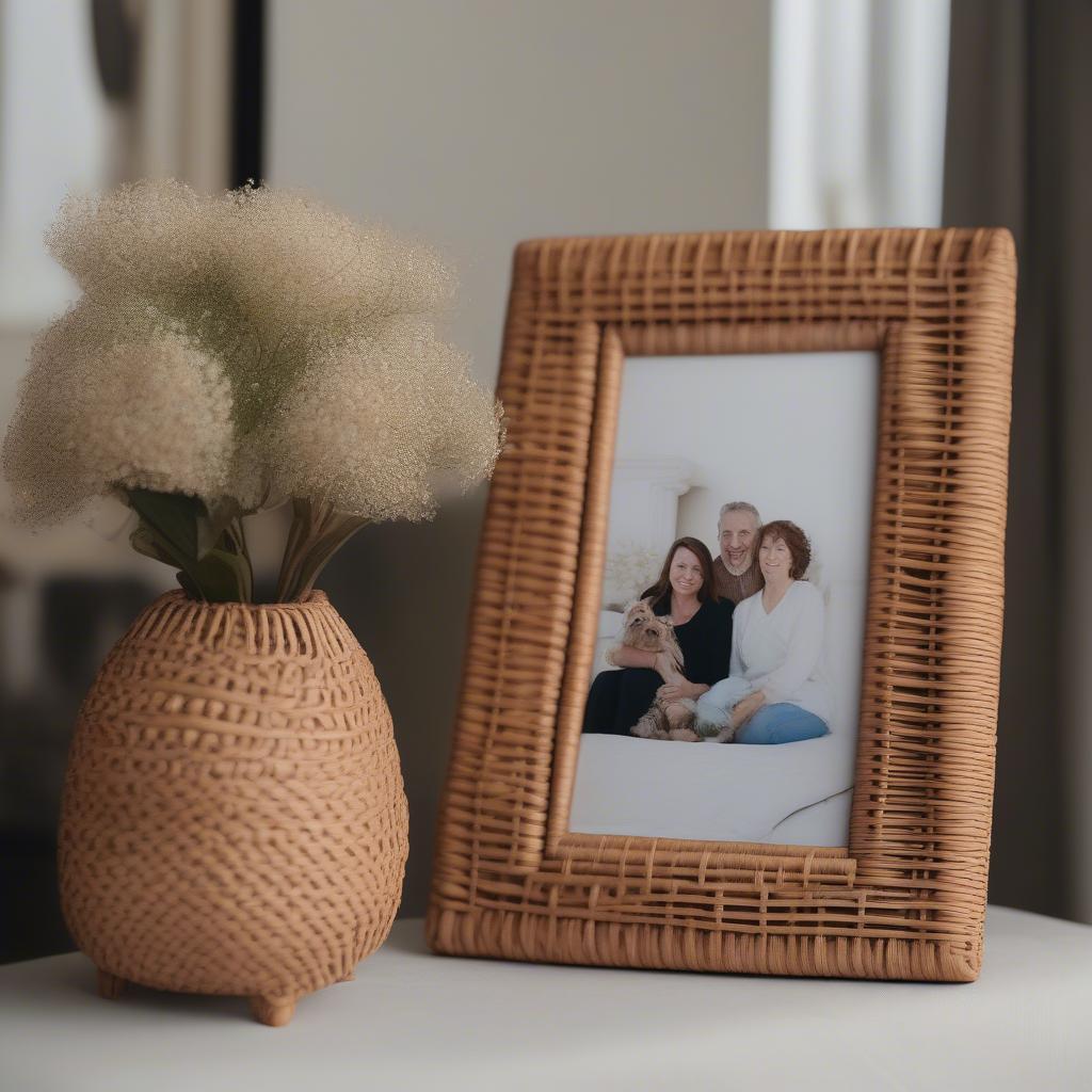 Wicker photo frame displaying a family portrait on a table with a vase of flowers.