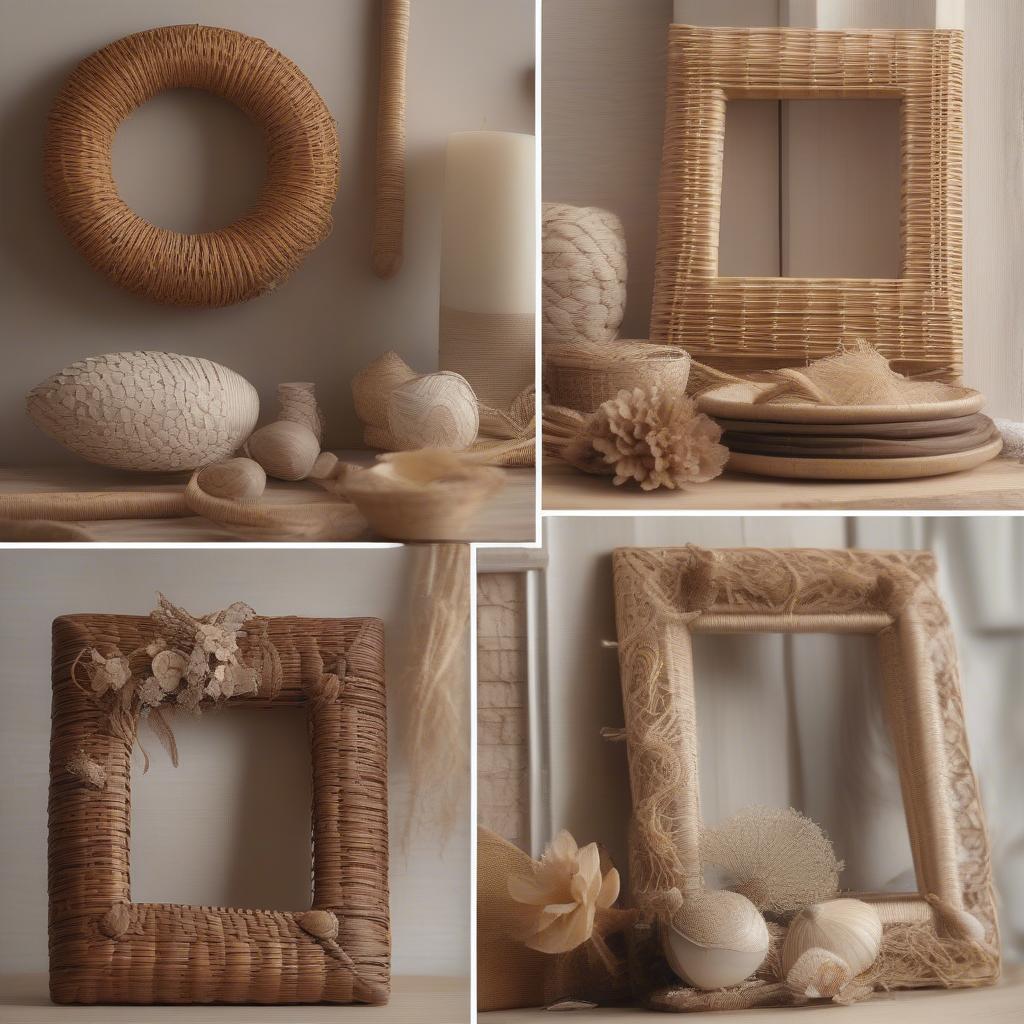 Wicker photo frame ornaments showcasing various designs and weaving patterns, incorporating natural elements.