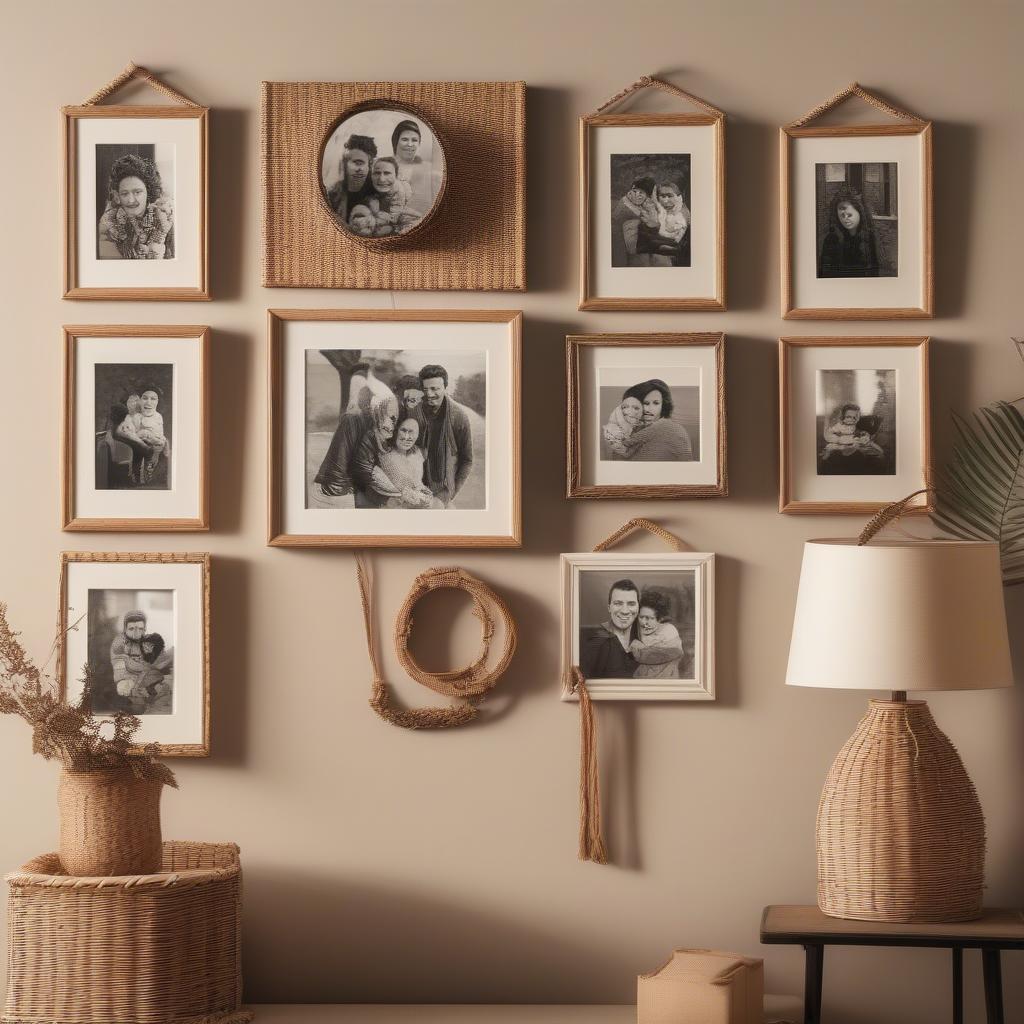 Wicker photo frames showcasing family photos on a living room wall.