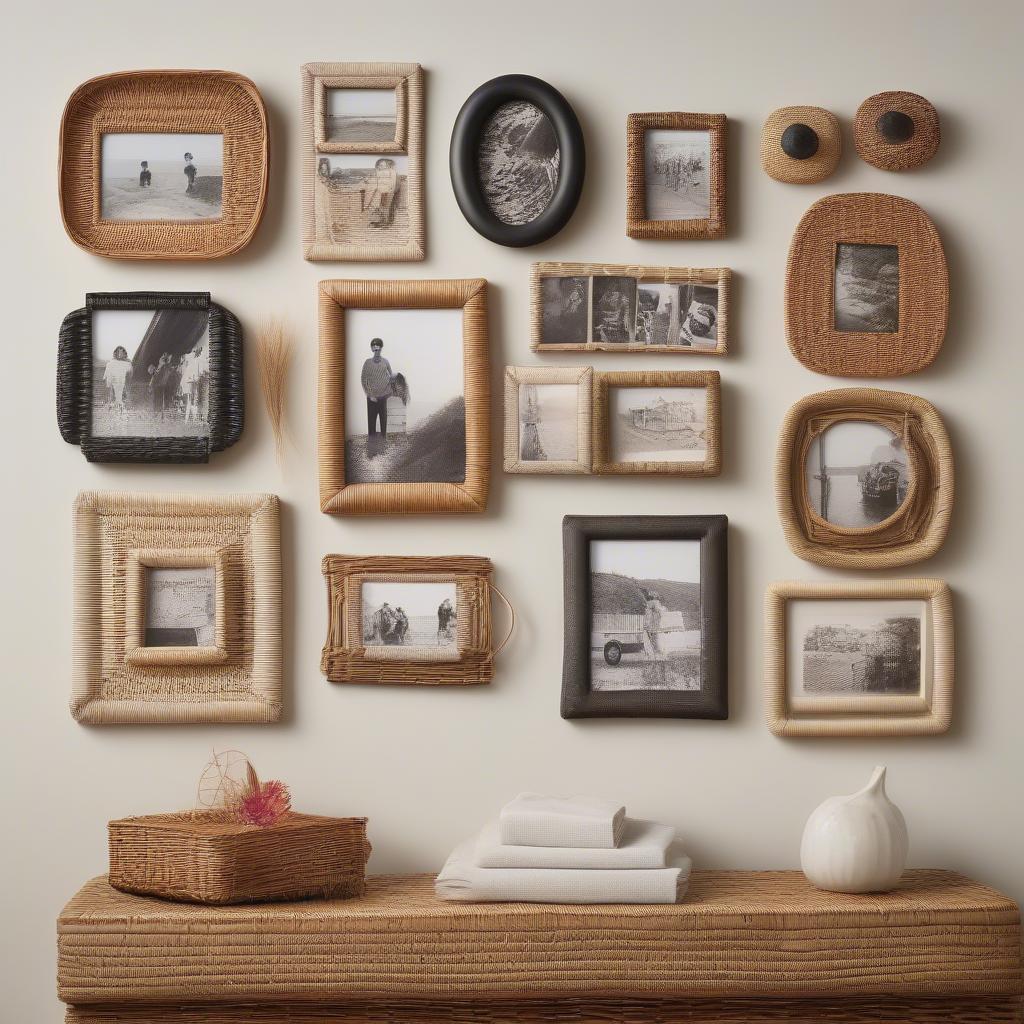 Wicker photo frames arranged on a wall, creating a stylish and natural home decor display.