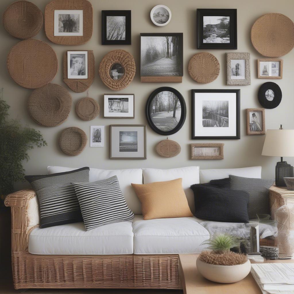 Wicker pic frames photo display showcasing various sizes and styles in a cozy living room setting