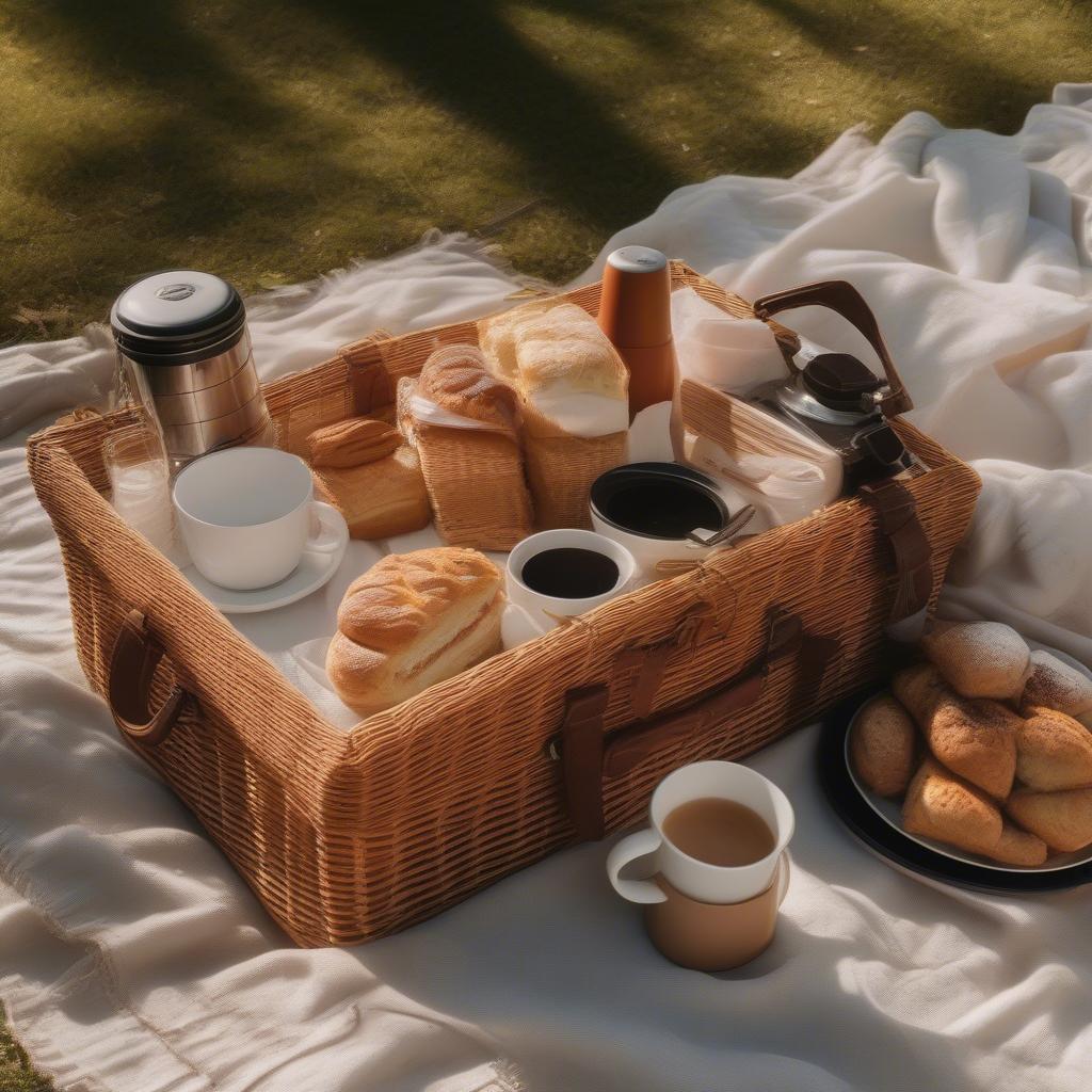 Wicker picnic basket with coffee, pastries, and a thermos