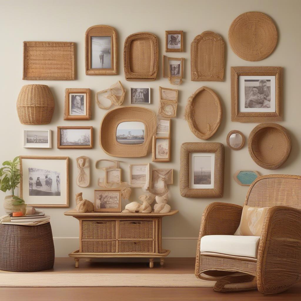 Wicker picture frames create a stunning gallery wall display.