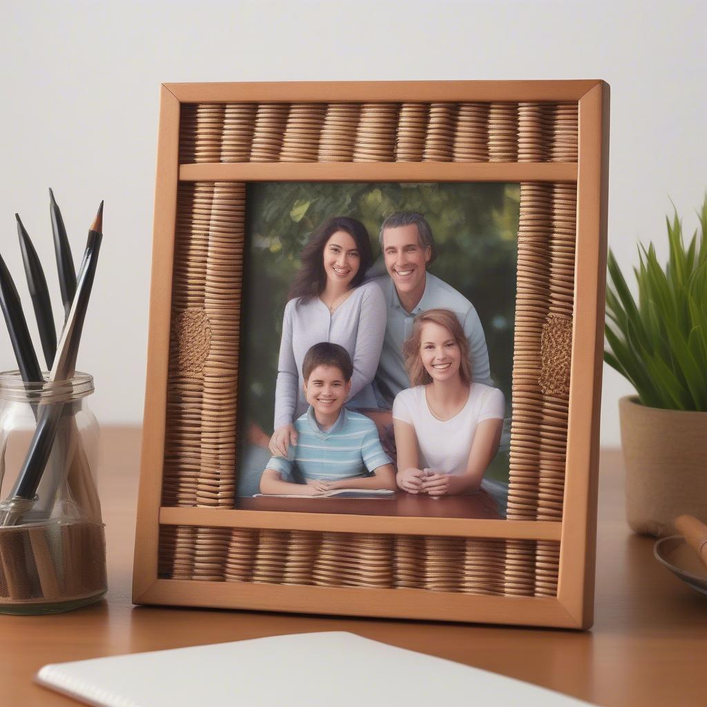 Wicker picture holder on a desk, showcasing a family photo, surrounded by office supplies.