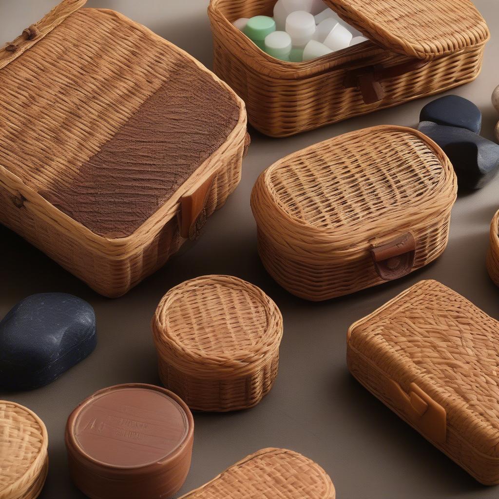 Wicker pill boxes for sale, showcasing different shapes, sizes, and compartments, perfect for organizing medication.