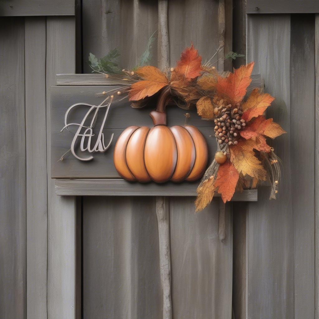 Wicker Pumpkin Sign Hanging on a Garden Gate